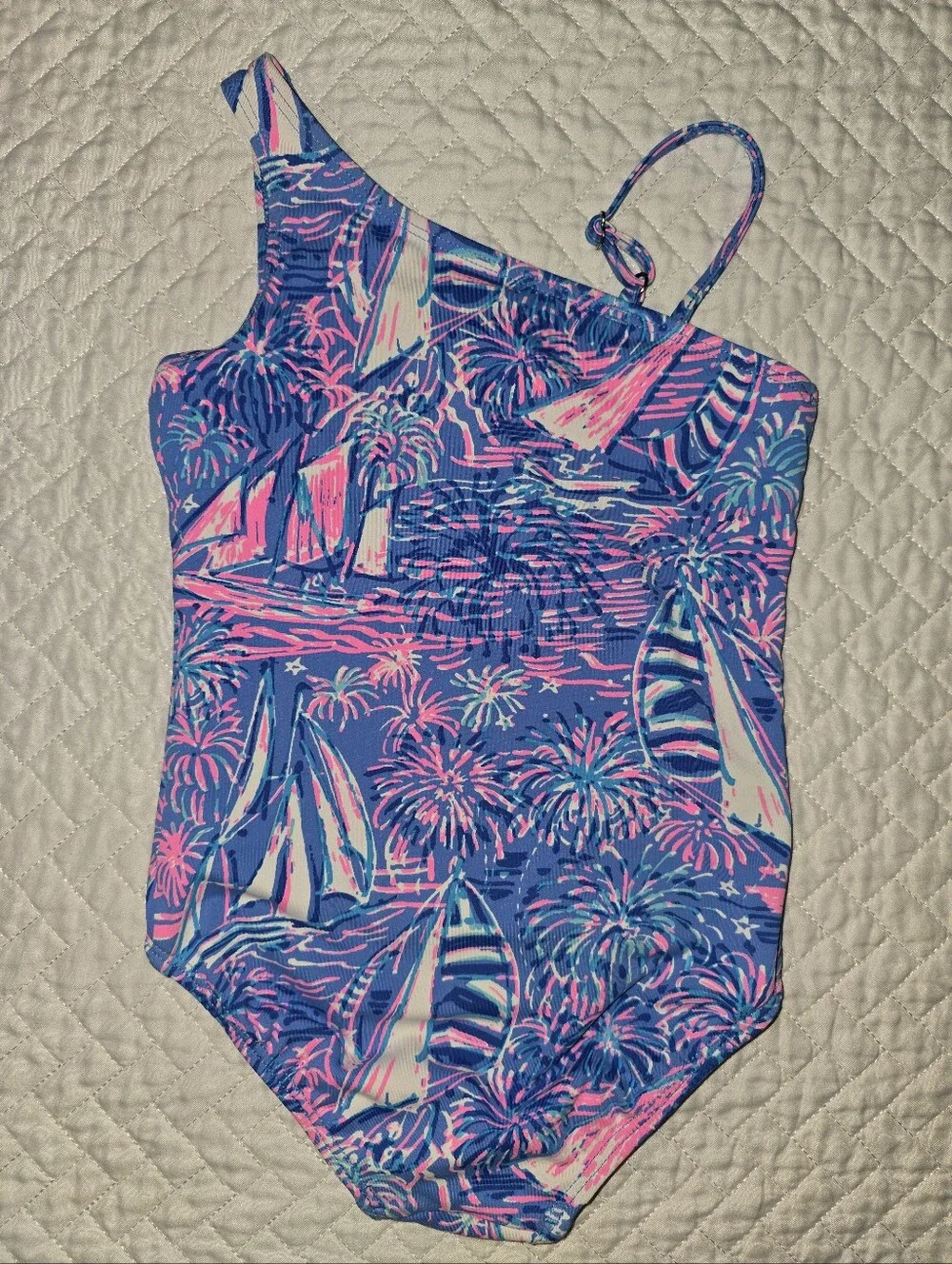 Lilly Pulitzer Girls One-Shoulder Sailboat Print Swimsuit in Blue & Pink